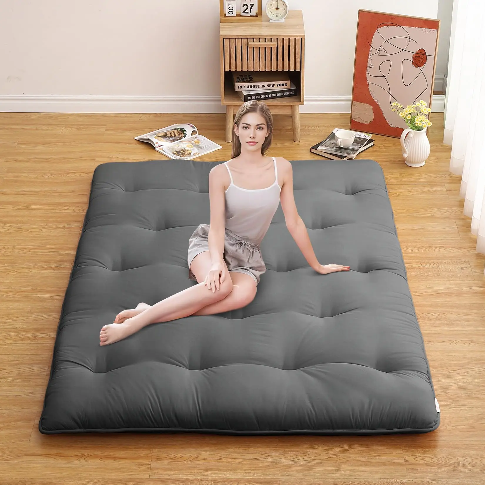 【GARVEE】Japanese Floor Mattress Full Size 54 x 80 Tatami Mat Futon Mattress Foldable Floor Bed Roll Up Mattress for Camping Sleeping Pad in Dark Grey, Ideal for Living Room Dorm RV Travel