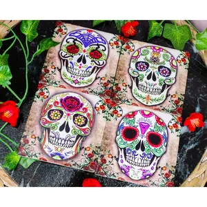 Ebros Fancy Sugar Skulls Day Of The Dead Ceramic Coaster Set of 4 Tiles