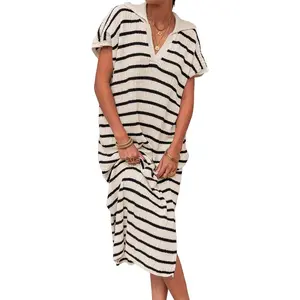 Imily Bela Womens Striped Summer Dresses Short Sleeve V Neck Knit Collared Sexy Slit Loose Maxi Sweater Dress