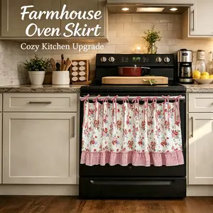 1 PC Floral Print Oven Skirt & Oven Curtain Bow Tie Top – Ruffle Trim Dishwasher Safe Cotton Blend Stove Cover with Red Plaid  Ruffles Oven Curtain Cover & Oven Skirt Curtain for Cottage Kitchen