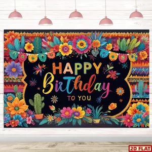 2D Flat Banner, 1pc Mexican Fiesta Themed Happy Birthday Backdrop - Cinco De Mayo Party Decorations, Party Decoration Supplies, Polyester Banner for Carnival, Photo Booth Background