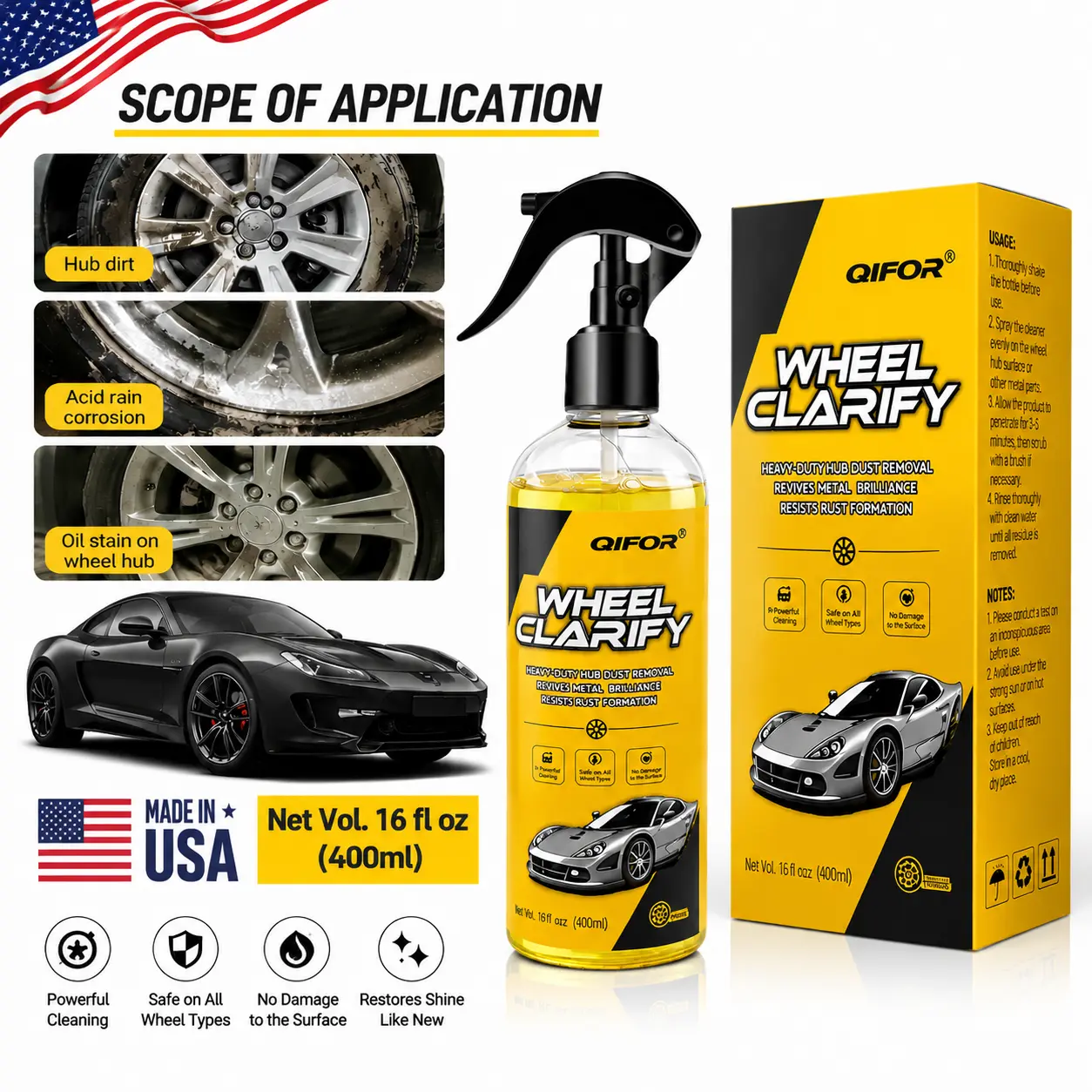 400ml Car Wheel Rim Cleaner Spray - Fast Clean Wheel Clarify Agent for Grime, Rust, Brake Dust, Oxidation Removal, Automotive Shine Restorer with Before/After Results