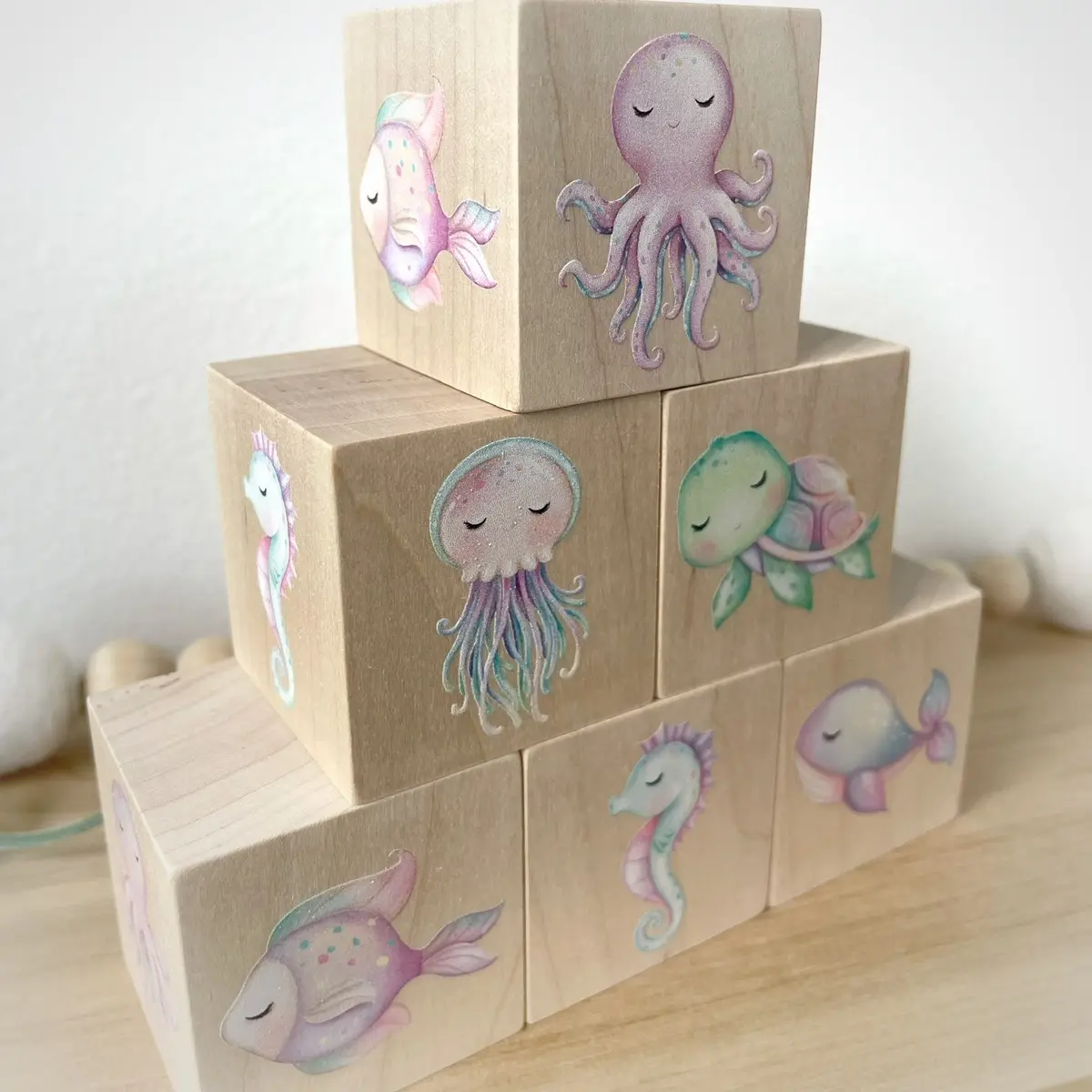 Nautical Nursery Decor Wooden Block Set - Under the Sea Creatures Wooden Wooden