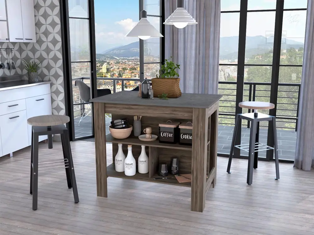 Modern Rectangular Wood Kitchen Island with 360 Stand, Dark Brown & Onyx Finish, Sturdy Indoor Cupboard, 3 Storage Shelves, 27.5" x 40.50" x 27.50", 35.4 lbs, Assembly Required