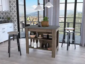 360 Stand Dark Brown & Onyx Finish Rectangular Kitchen Island, Modern Indoor Cupboard with 3 Storage Shelves