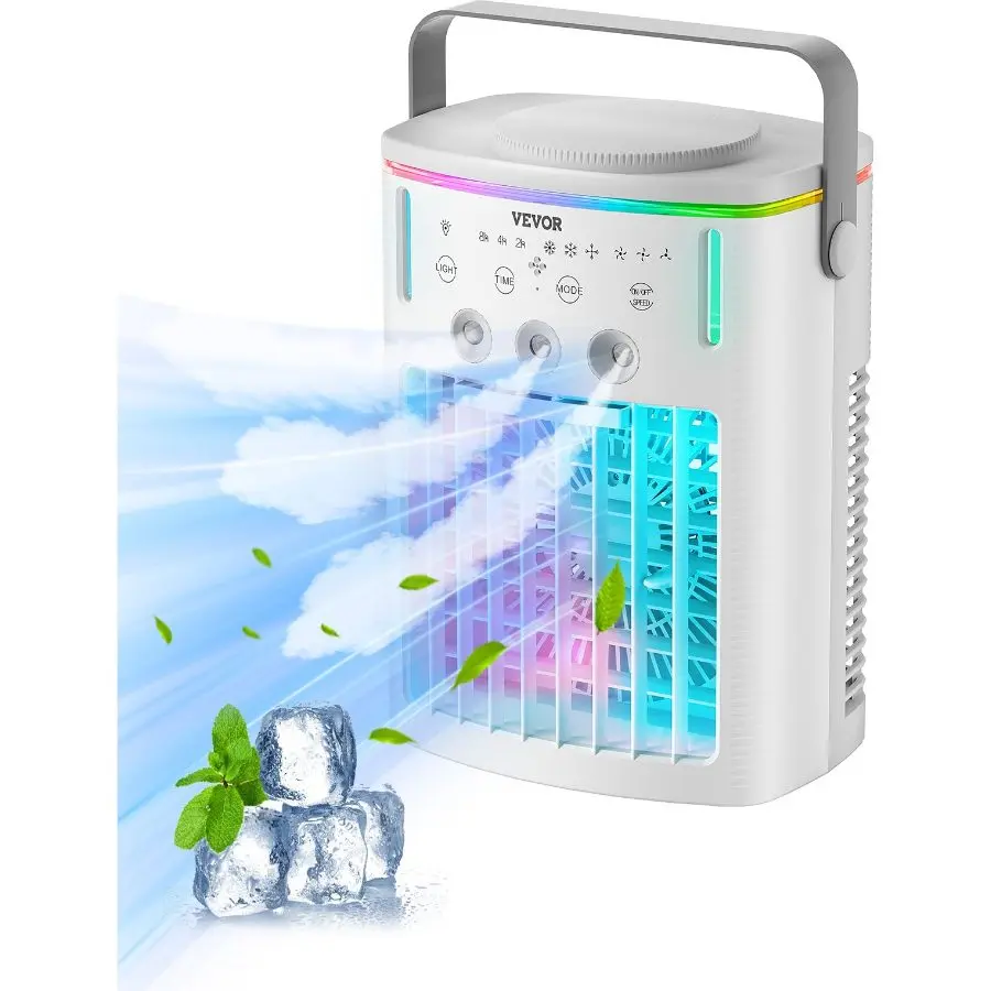 【Summerfinds】VEVOR 4-in-1 Compact Portable Rechargeable Fan Air Conditioner - 1L Top Water Inlet Tank, Casters, Grip Handle, 3 Adjustable Speeds, 3 Cooling Mist Levels, 120° Oscillation Timer, Remote Controlled, for Desktop Users Home | Father's Day Gift,
