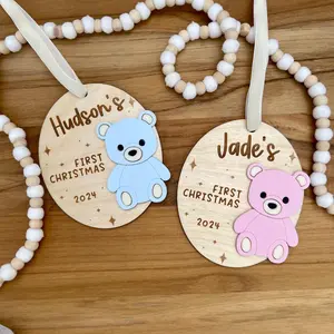 Personalized Baby's First Christmas Teddy Bear ornament, Unique custom handmade wood and acrylic keepsake Gift Decor