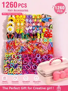 1260pcs Luxury Hair Accessory Gift Box with 3-Layer Storage. Includes Faux Butterfly/Sunflower Clips, Flower/Fruit Ties & a Large Number of Gentle Hair-Friendly Ties. Perfect for Little Girls' Daily Matching, Birthday Gifts & Hairstyle Creativity.