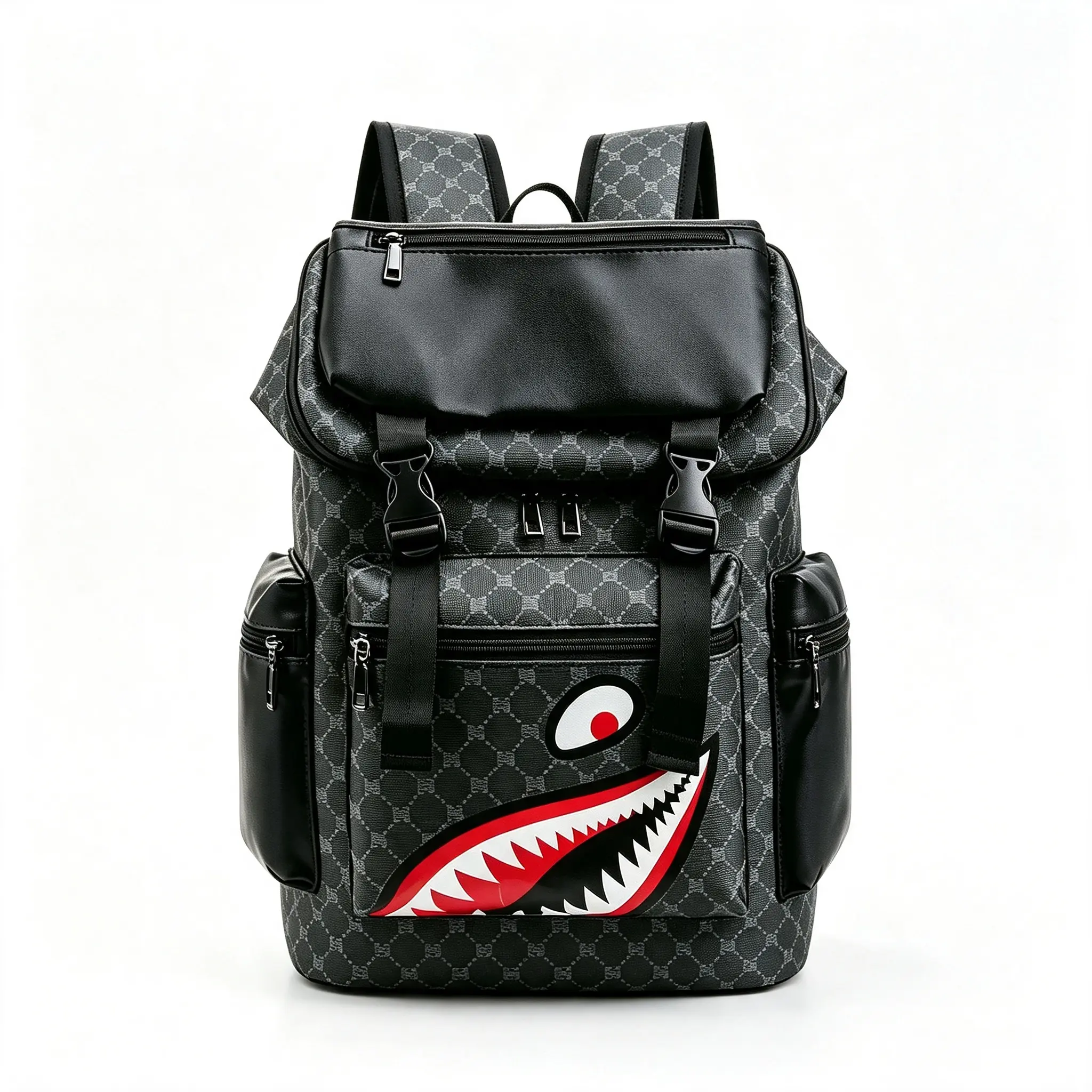 Shark Mouth Printed PU Leather Backpack, Large Capacity Multi-Functional Laptop Backpack for College Study & Outdoor Travel, Dry Clean Only Unisex Fashion Daypack for Young Adults