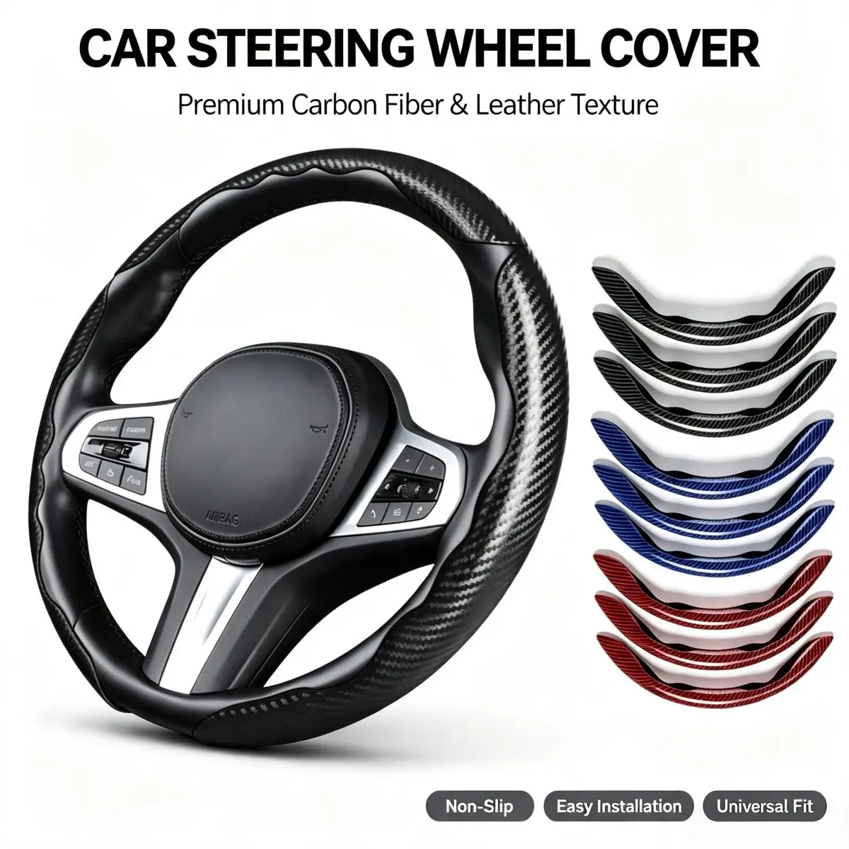 2-4 Piece Non-Slip Carbon Fiber Steering Wheel Cover Set, Clip on Universal Auto Accessories for BMW Chevrolet Ford Honda Jeep Nissan Toyota Mercedes-Benz Hyundai Volkswagen Tesla Subaru Acura 15" (37-38 cm)