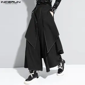 INCERUN COS Ninja/Samurai Men's/Unisex Black Geometric Layered Skirt-Pants | White Stitching Outerwear | Streetwear, Stage Look, Dark Fashion
