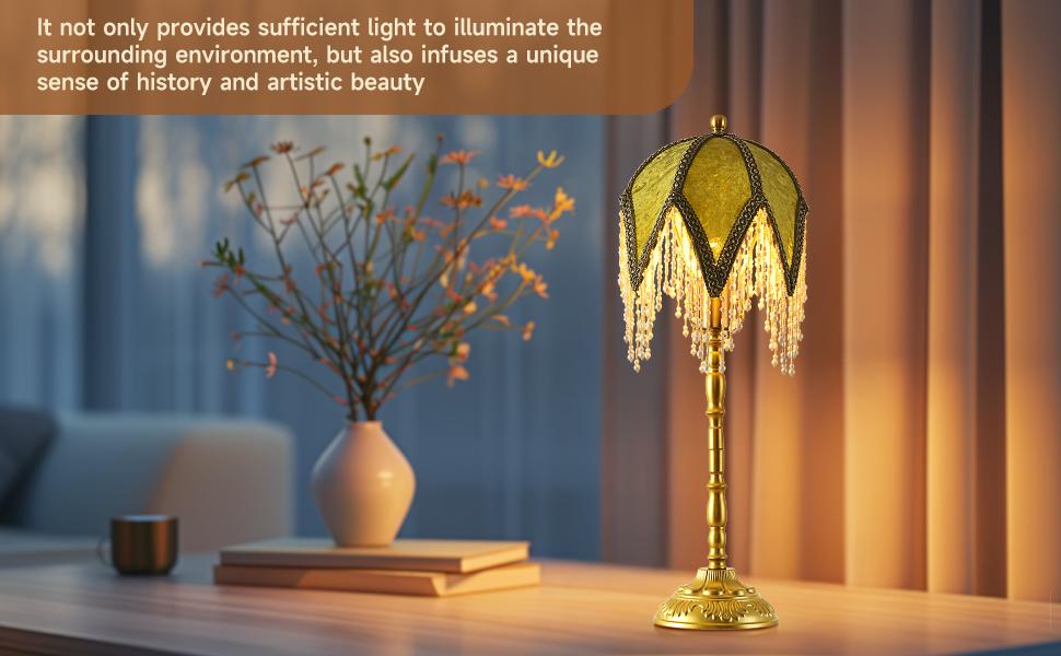 Vintage Tasselled Table Lamp with Beaded Shade, 3 Color Temperatures, Green and Gold, Victorian Style-C