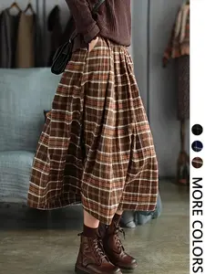Women's Plaid A-Line Long Dress,flared skirt， Casual Loose Fit Elastic Waist Pocket Design, All-Season Wearable Fashion Skirt