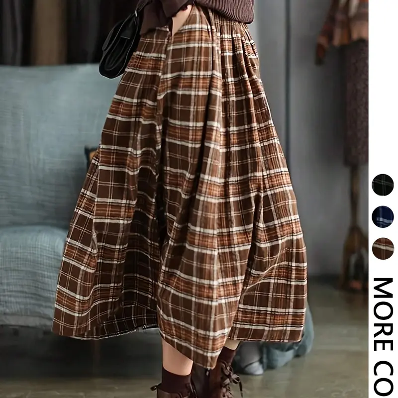 Women's Plaid A-Line Long Dress,flared skirt, Casual Loose Fit Elastic Waist Pocket Design, All-Season Wearable Fashion Skirt Bottom