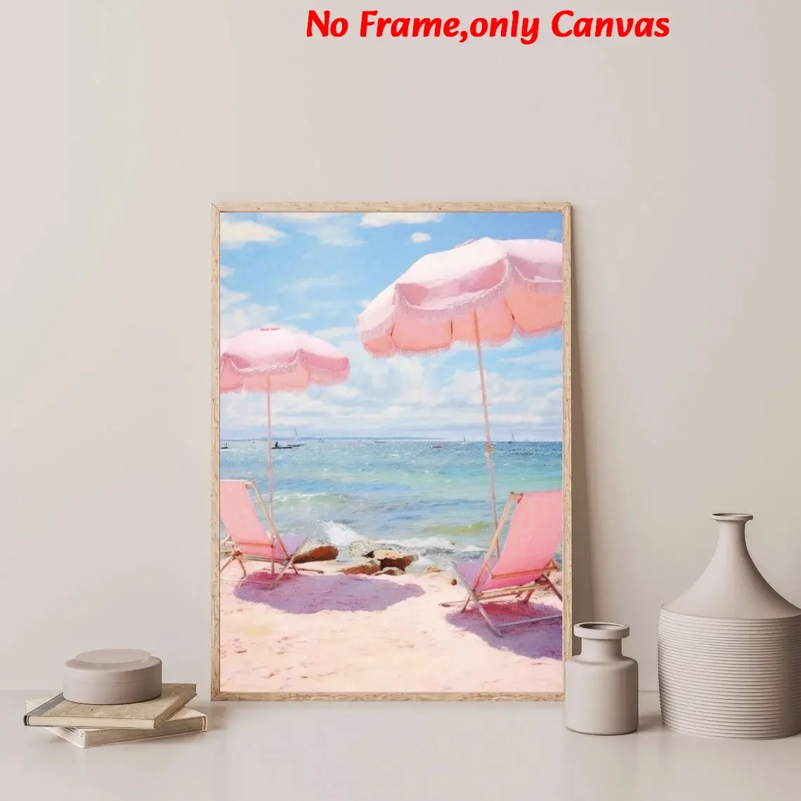 1pc , wall art, vintage poster, pastel beach umbrella painting, vintage pink seashore poster, bedroom aesthetics, living room decor, apartment decor, housewarming gift, frameless