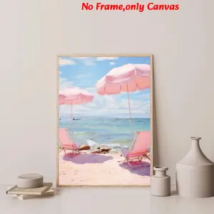 1pc , wall art, vintage poster, pastel beach umbrella painting, vintage pink seashore poster, bedroom aesthetics, living room decor, apartment decor, housewarming gift, frameless