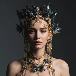 Ancient style Handmade Mermaid Hanfu hair accessory tassel hair crown gold hair crown blue-black set fairy-tale style film photography Hanfu hairpin set costume accessory 2025 Halloween Cosplay Tiara Jewellery