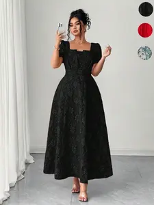 Plus Size Women's Summer Party Evening Dress, Jacquard Square Neck Bubble Sleeve Gown, Elegant A-Line Skirt for Weddings & Dates