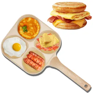 ​​Non-stick Egg Frying Pan, 4 Holes Skillet With Handle, Multifunctional, Wooden Handle Omelet Non-stick Cookware Frying Pan - Aluminum Construction (20 * 20 * 3.5cm, 590g), Beige/Black Options​​