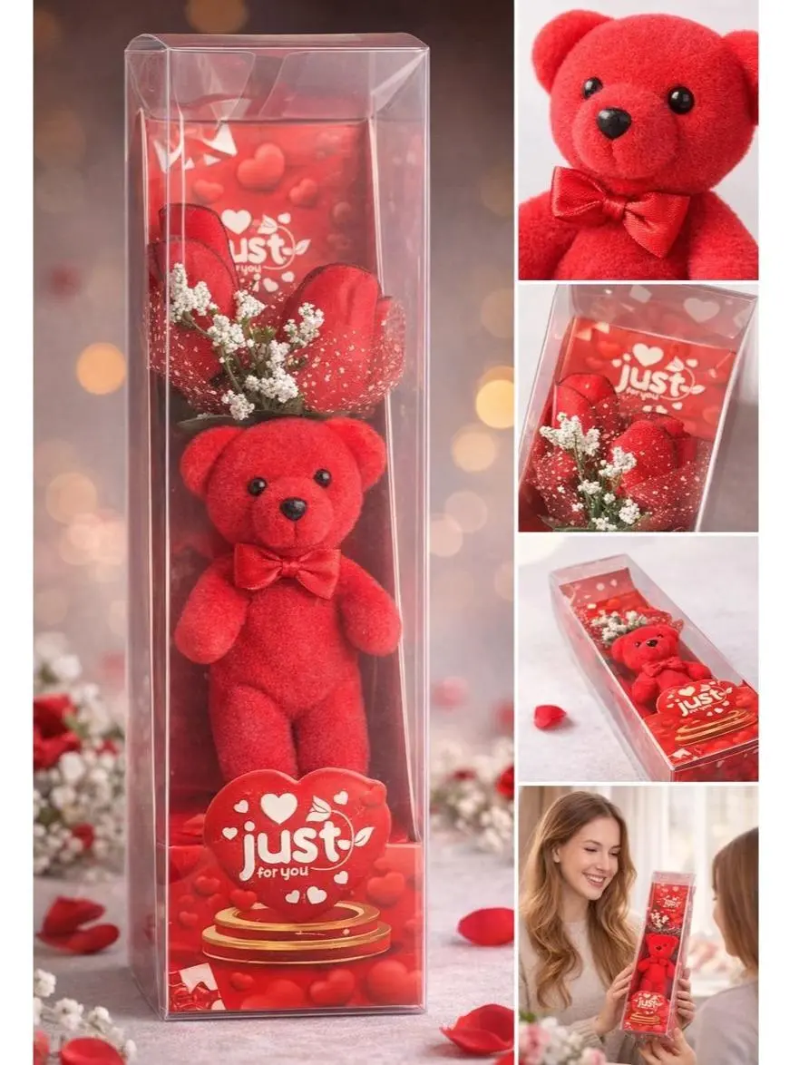 Mini Teddy Bear Gift Box with Plush Bear & Artificial Roses Romantic Surprise for Valentine's Day Weddings Birthdays, Mother’s Day,  Anniversaries & Special Moments Durable Plastic Non-Toxic