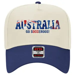 Australia Pride Two-Tone Baseball Hat | "Go Socceroos" Brush Stroke Graphic Cap, Cream and Navy Retro Soccer Snapback, OTTO Mid Profile Men's Hat