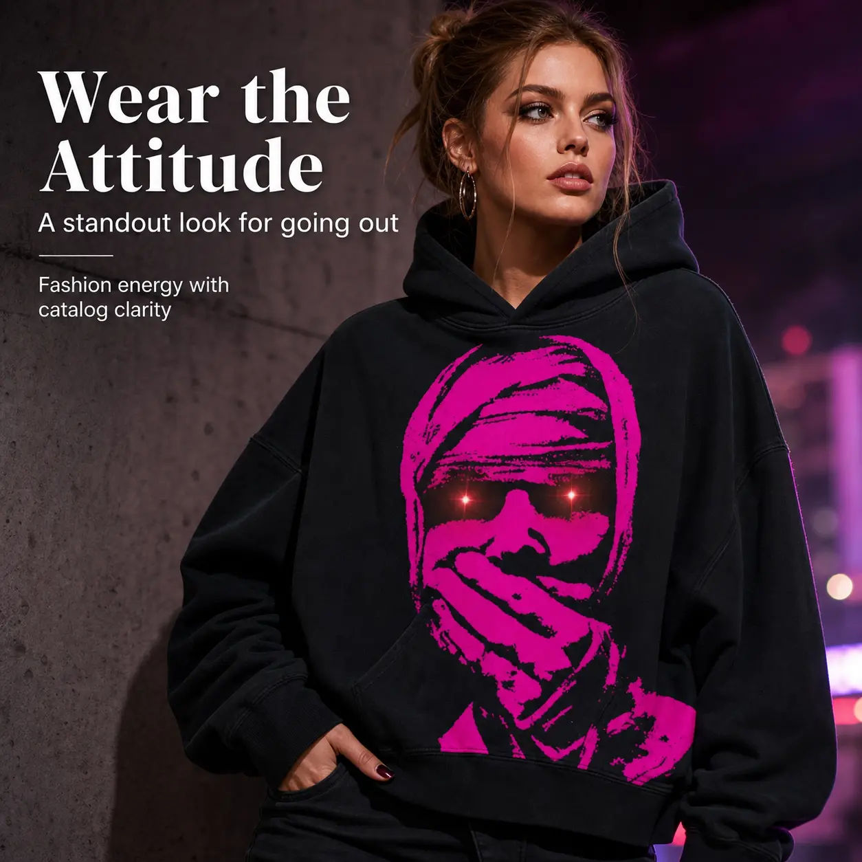 Plus Size Pink Bandage Figure Graphic Oversized Cropped Pullover Hoodie Long Sleeve Vintage Grunge Street Sweatshirt With Front Kangaroo Pocket