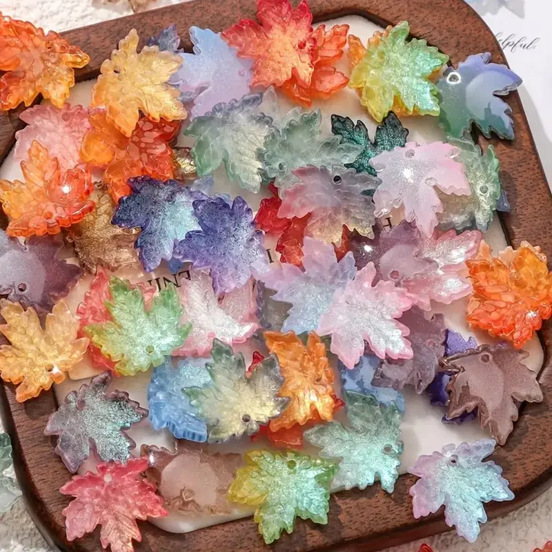 50pcs Maple Leaf Shaped Premium Quality Glass Beads, Realistic Details and Semi-Transparent Design, Multi-Color Mix Decorative Beads for DIY Jewelry Making, Fall Crafts and Craft Embellishments, Bead Assortment