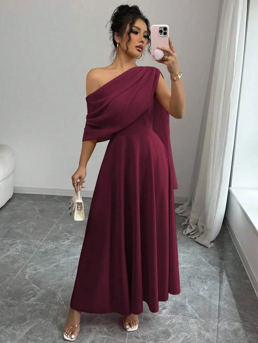 Elegant Daily Versatile Fashion Asymmetrical Shoulder Asymmetrical Chiffon Ruffle A-Line Midi Dress, Grape Purple, Spring/Summer