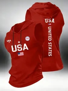Men's Casual Hooded Sleeveless Vest, Letter Usa Flag Print, Fashion Sporty Style, Daily Outdoor Wear, Versatile Top