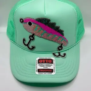 OTTO World Famous Foam Front Trucker Hat with Premium Foam Fabric and Durable Snap Closure Mint Green Fishing Lure Design sequins girly
