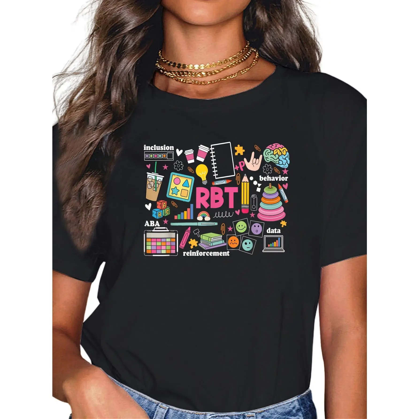 Women's Soft Graphic Print Top with a Playful Vibe - Casual Flared Round Neck Pullover for ABA Therapists and RBTs, Cotton, Everyday, Casual Chic