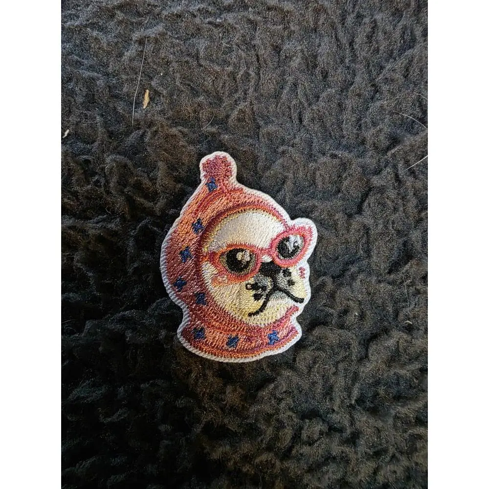 French Bulldog Animal Motif Iron-On Fabric Patch, Pink Glasses and Hat Design, for Clothing Decor & Accessories