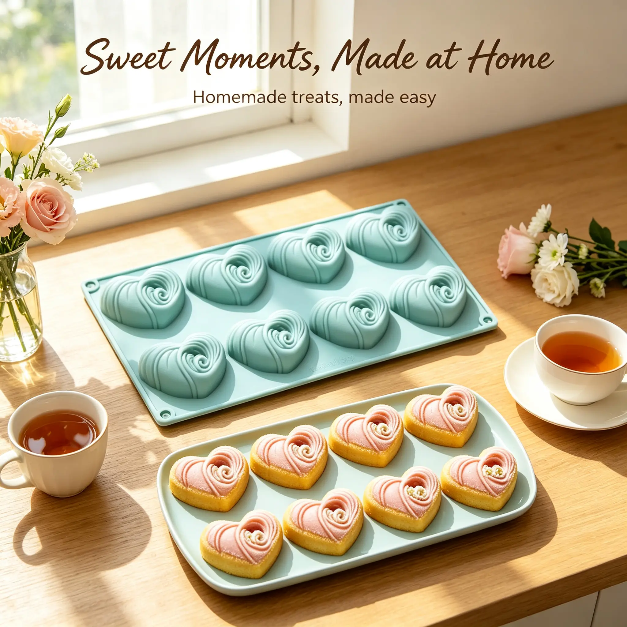 8-Cavity Swirl Heart Silicone Mold, Non-Stick Heart-Shaped Baking Mold for Chocolate, Candy, Mousse, Cake, Valentine’s Day Dessert Making
