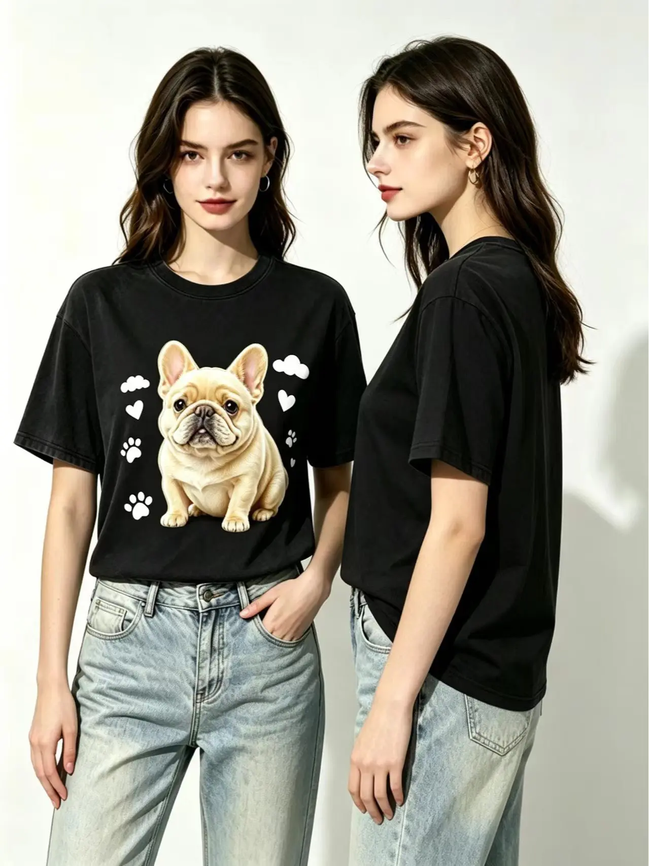 Cute French Bulldog Puppy Print T-Shirt, 100% Pure Cotton Breathable Short Sleeve Tee, Unisex Loose Fit Casual Streetwear Top, Classic Black & White Color Options, Perfect Holiday & Daily Gift for French Bulldog Dog Lovers