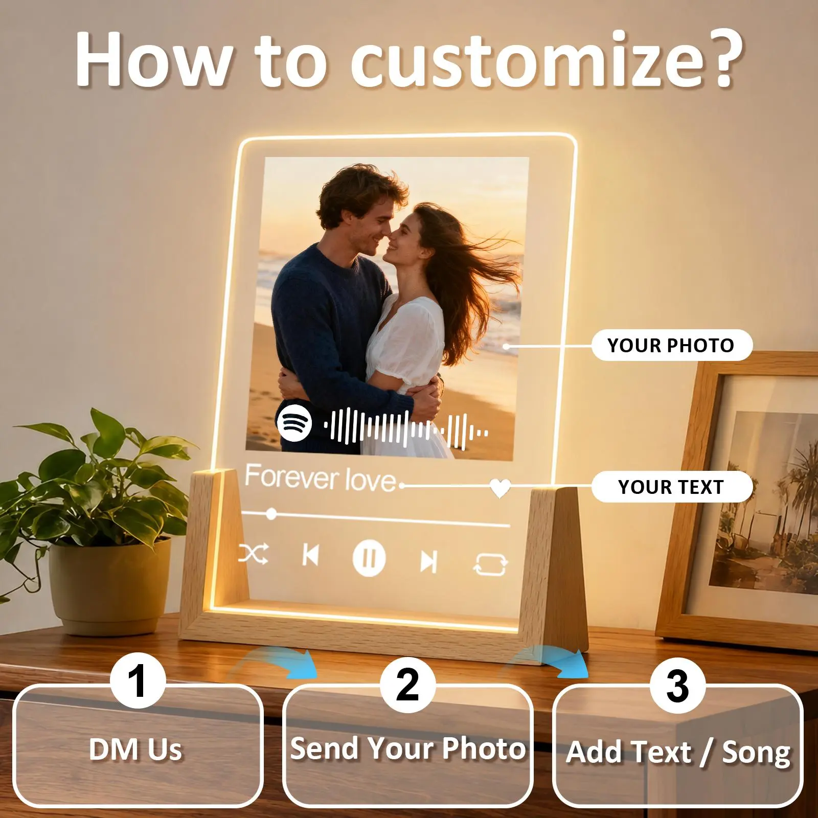 [HKZZ.Made] Custom Spotify Music Acrylic Plaque, 4/5/6/8 Inch Solid Beech Wood Base, Multiple Light & Bluetooth Speaker Options, Personalized LED Photo Frame, Perfect Gift for Valentine, Anniversary, Birthday, Graduation & Special Memories