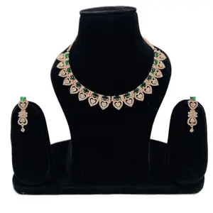 Ad Rose gold necklace set and earrings with green stone