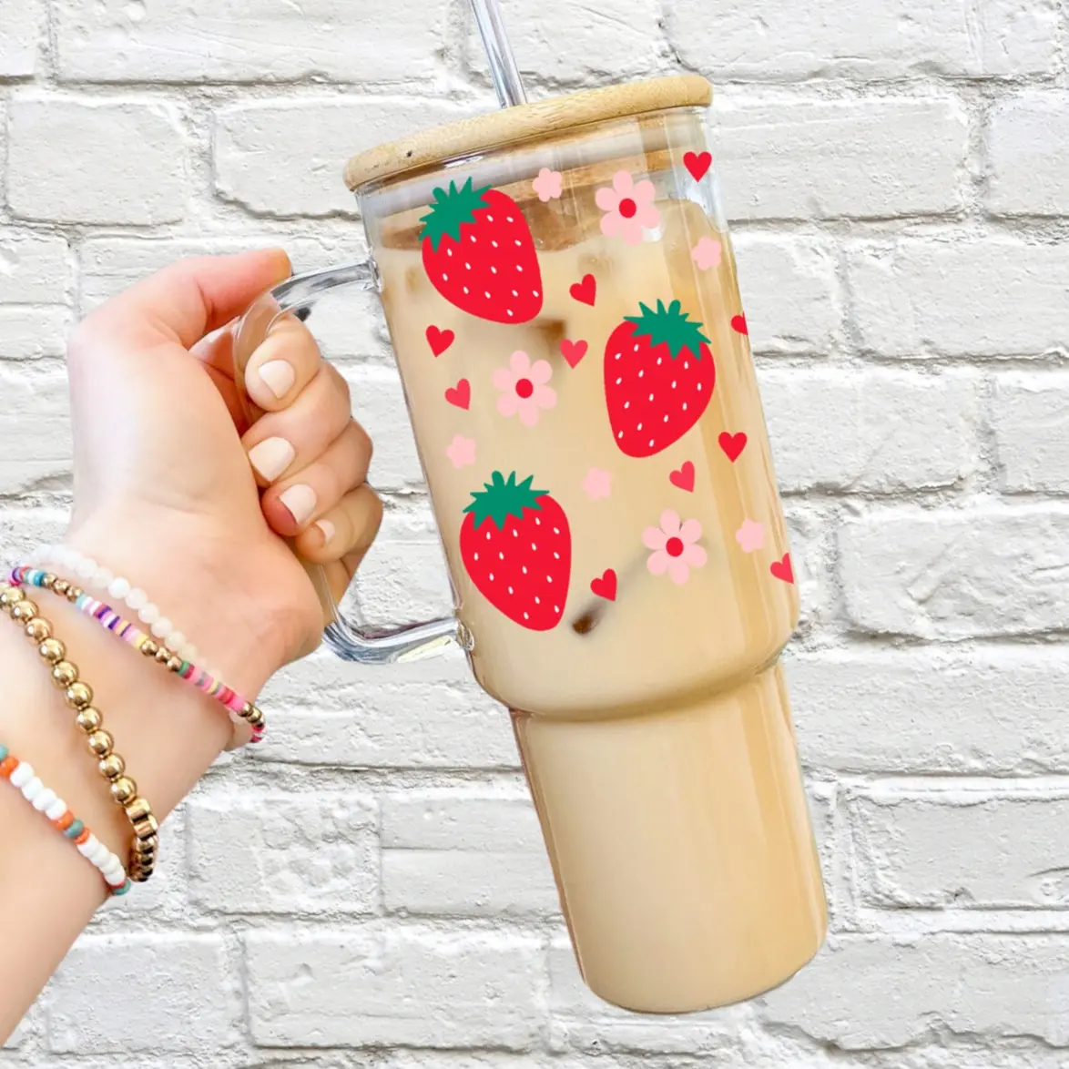 Strawberries Glass Cup with Lid and Straw - Aesthetic Drinkware with Bamboo Lid and Strawberry Daisys and Hearts Glass Tumbler