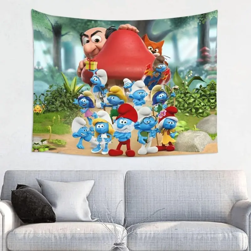 Bright Rectangular Smurfs Cartoon Animation Tapestry Wall Hanging - 60x40in Skin-Friendly Soft Home Decor, Lightweight Holiday Decoration, Size-Specified Ideal Gift for Bedroom