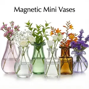 Magnetic Mini Vases for Fridge - Cute Small Glass Bottles for Decor - Strong Magnet Planter for Real or Faux Greenery - Aesthetic Kitchen Accessories Flower