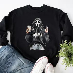 Mama Halloween Sweatshirt – Funny Ghostface Girl with Coffee and Peace Sign, Horror Movie Inspired, Spooky Fall Vibes, TikTok Shop Store, unisex, trending
