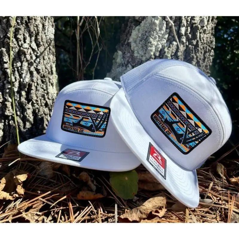 Azteca Whitetail Deer Antler Embroidery 7 Panel Trucker Cap Flatbill Mesh Snapback Outdoor Angler Performance Camo Hat for Men and Women Bottomland Camo Black White Brown Unisex Fitted Cap
