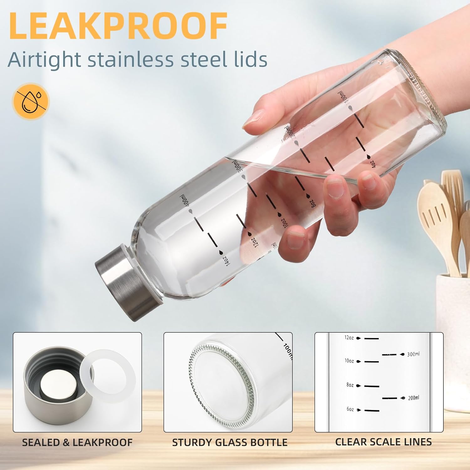 Reusable Glass Water Bottle 17 oz – Leakproof Juice Bottle with Stainless Steel Lid, BPA-Free Clear Drinking Bottle for Refrigerator, Smoothies & Beverages