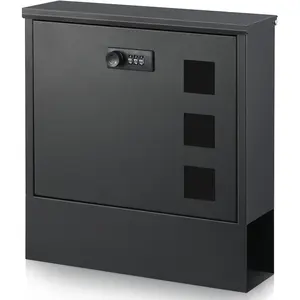 Large Capacity Wall Mounted Locking Security Mailbox with Combination Lock, Black Mail Box with Newspaper Compartment, 12.8x11.8x3.3 Inch
