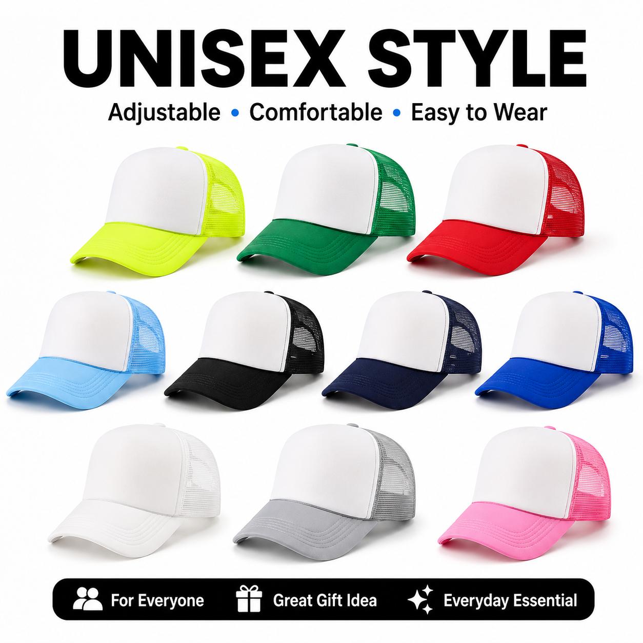 10-Pack Blank Foam Trucker Hats - Adjustable Mesh Snapback, 10-Color Bulk Baseball Caps, Breathable Mesh Netting Hats for Custom DIY, Parties, Breathable Mesh Hats
