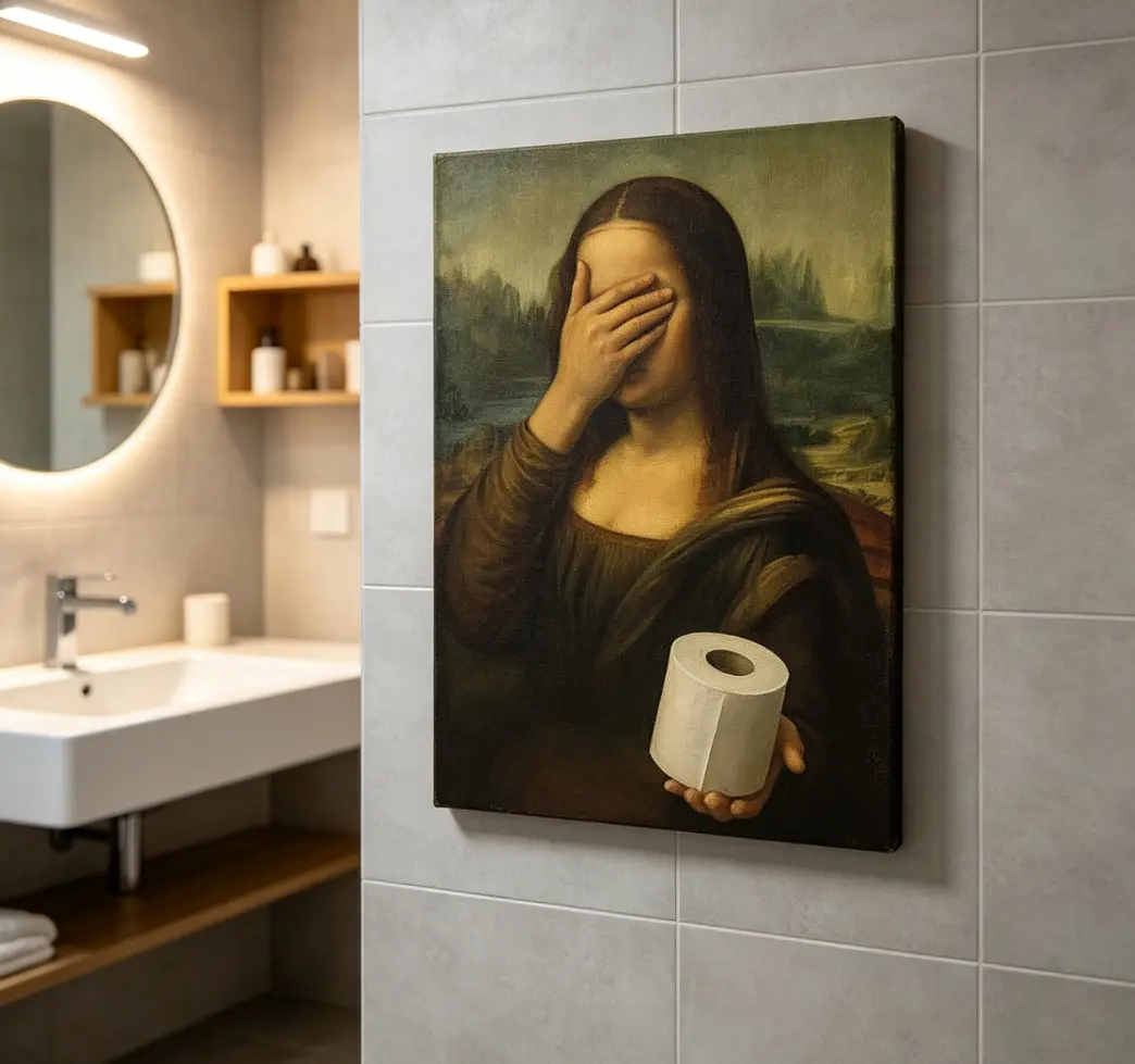 Parody-style canvas wall art—quirky, creative, and vintage-inspired decor; unique, personalized artwork perfect for the bathroom or kitchen.