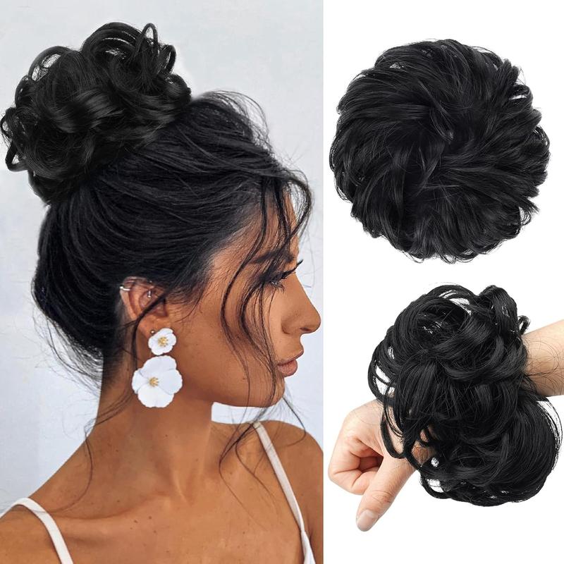 Messy Bun Hair Piece - Large Wavy Curly Elastic Hair Bun Scrunchies Ponytail Extensions Synthetic Chignon Hairpieces for n, Off Black 1.94oz