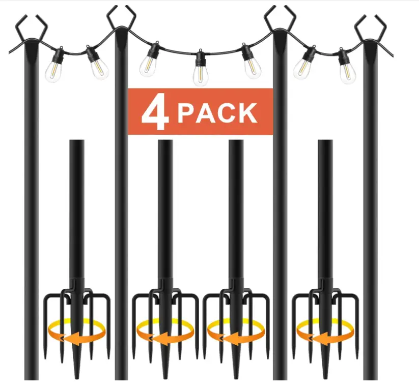 Nexillumi 4-Pack 10 FT/5FT String Light Poles for Outside Heavy-Duty Metal Hanger Pole with Fork Adjustable Height for Patio Decor Garden Backyard Yar