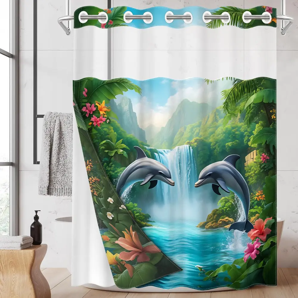 1PC/4PCS 2D Flat Printing Blue Green Tropical Dolphin Waterfall Patterned Decorative shower curtain, Printed shower curtain, home bathroom decor, shower curtain set with 12 hooks, non-slip bathroom rug, U-shaped toilet seat cover, toilet seat mat.