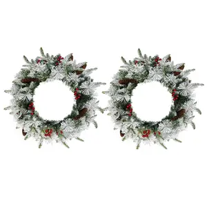 2-Pack 18inch Pre-Installed Lights Snow Velvet Christmas Wreath, with 60 Warm Light Bulbs and 140 Pointed Artificial Christmas Wreath with Red Berries and Pine Cones, Suitable for Front Door, Gate, Wall Christmas Party Decoration