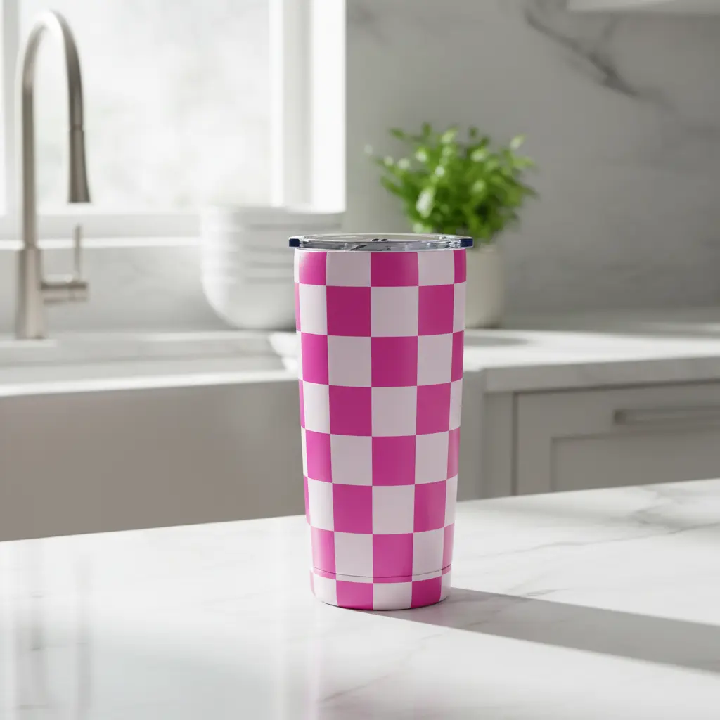 Insulated Stainless Steel Vacuum Flask Tumbler - 20oz/500-1000ml, Portable ABS Flip Top Lid, Anti-Scalding Plaid Design, Tapered Cupholder-Friendly Reusable Water Bottle for Adults' Daily Use, Classic Gift Drinkware, Glam